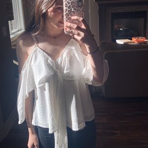 White blouse with open shoulders and a tie((: